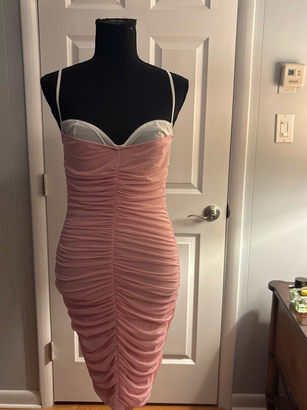 Blush Pink Ruched Midi Dress with Spaghetti Straps